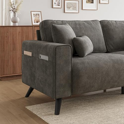85" Loveseat Sofa, Chenille Couch with Deep Seat, Dark Grey | Clean-look modern couch with 4 pillows, hidden side pockets, easy assembly for living rooms, apartments, and offices - color: Dark Grey