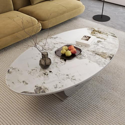 49.2" Oval Marble Coffee Table with Silver Stainless Steel Base, Luxury Modern White Sintered Stone Center Cocktail Tea Tables for Living Room,Easy Assembly - color: Style 3: Silver Base