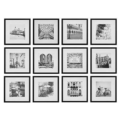 Gallery Perfect 12-Piece Black Photo Frame Set with Hanging Template - 12x12 Picture Frame Matted to 8x8 - Gallery Wall Kit - color: Black