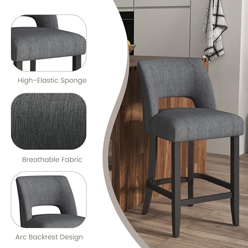 VKNOW Bar Stools Set of 2, 26" Upholstered Counter Height Bar Stools | Modern Counter Stools with Black Rubberwood Legs for Kitchen Island Dining Room Bar, Dark Grey-Black Legs - color: Dark Grey-black Legs, size: Set of 2