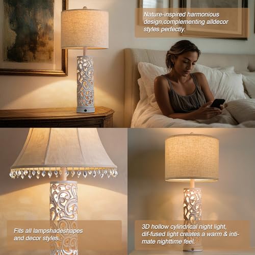 2-in-1 Light Table Lamp Set of 2 for Living Room, 28.5" Farmhouse Bedside Lamps with USB Charging Port, Main&Night Light & Dual Switches, Nightstand Lamp for Bedroom Home Office(Bulb Included) - color: Matte White