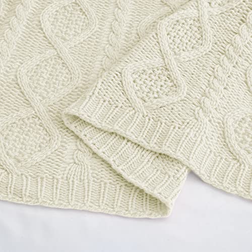 Homiest Cream White Cable Knit Throw Blanket Set of 3, with 2 Pillow Covers | Pure Acrylic, Lightweight & Breathable, All-Season Use, Machine Washable, Wrinkle & Fade Resistant, for Couch Bed And Sofa - color: Cream White, size: 50 x 60 Inch Blanket & 18