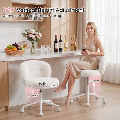 Homkdom Round Vanity Chair with Silent Wheels, 17.32" Wide Seat | Height Adjustable, 360 Swivel & Smooth Rolling, Armless Design for Makeup and Study - White - color: White