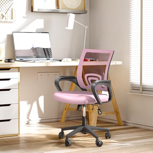 Office Chair, Ergonomic Mid-Back Mesh Desk Chair with Lumbar Support, Adjustable Height Computer Chair with Rolling Wheels Design,Comfy Armrest for Work, Study, Gaming, Pink - color: Pink
