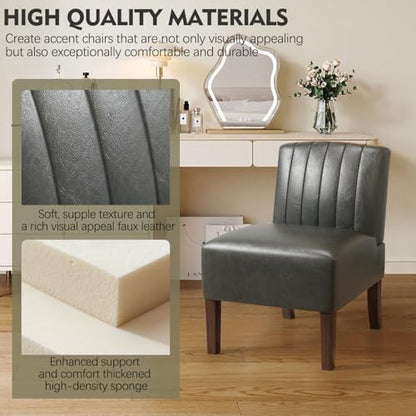 VIRRMO Armless Accent Chairs Set of 2 Upholstered Dining Chairs Living Room Chairs with Solid Wood Legs Bedroom Chair Leather Reading Chair Comfy Chair for Bedroom Vanity Kitchen (Grey) - color: Leather-grey