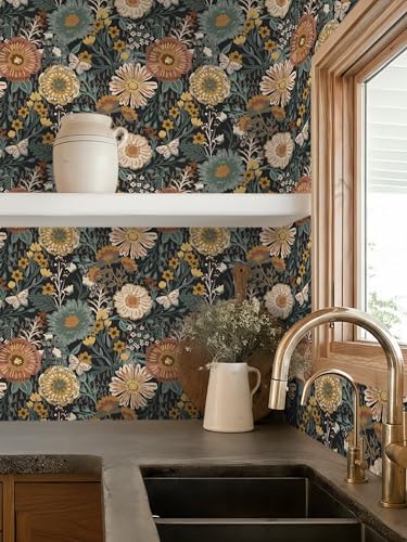 Boho Retro Wallpaper Peel and Stick Wallpaper Vintage Floral Contact Paper 17.3''x393'' Dark Black Bohemian Removable Wall Paper Renter Friendly Waterproof Wall Mural Bedroom Bathroom Vinyl - color: Black&Orange Floral, size: 17.3" x 394"