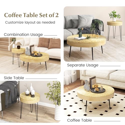Giantex Boho Round Coffee Table Set of 2, Sofa Side Nesting Table with Solid Pine Wood Top, Metal Legs & Adjustable Foot Pads, 31.5" D Large Table Set for Living Room (Ring Pattern, Natural) - color: Natural, style: Ring Pattern