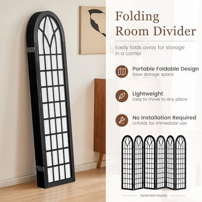 6 Panel Japanese Room Divider, Folding Privacy Screen, Black | Arched Black Wood Room Divider, 94.5"W X 66.9"H, Fully Assembled For Bedrooms, Open Rooms, Dining Areas, And Offices - color: 6 Panel Black, size: 6 Panel