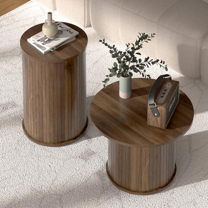 Set of 2 Round Nesting Coffee Tables for Living Room, Fluted Circle Walnut Wood Coffee and End Table Sets for Apartment, Small Spaces, Bedroom, Modern Style, Easy Assembly & Maintenance