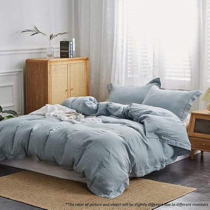 Simple&Opulence 100% Washed Linen Duvet Cover Set with Embroidered,2 Pieces Soft Farmhouse Comforter Set with Button Closure,1 Duvet Cover and 1 Pillowsham(Twin,Dusty Blue) - color: Embroidery Dusty Blue, size: Twin