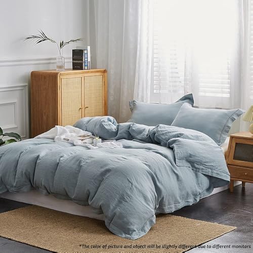 Simple&Opulence 100% Linen Duvet Cover Set with Embroidery Border Washed - 2 Pieces (1 Duvet Cover & 1 Pillow Sham) with Button Closure Soft Breathable Farmhouse - Dusty Blue, Twin Size - color: Dusty Blue, size: Twin