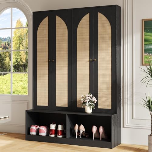 JIVOIT Bohemian Farmhouse Widen Hall Tree with 4 Rattan Doors, Versatile 4-In-1 Hall Tree, Mid-Century Entryway Shoe Cabinet with Adjustable Shelf and 6 Hooks, Seating Bench for Living Room - color: Black//53