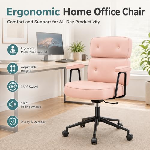Ergonomic Home Office Desk Chair, PU Leather Computer Chair with Lumbar Support, Adjustable Height, 360° Swivel Rolling Wheels, Executive Task Chair for Office, Gaming, Meeting Room, Pink - color: Pink-standard Mid Back