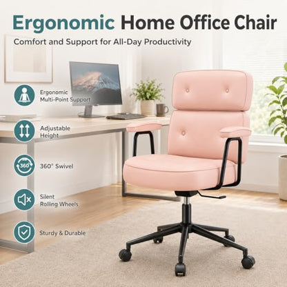 Ergonomic Home Office Desk Chair, PU Leather Computer Chair with Lumbar Support, Adjustable Height, 360° Swivel Rolling Wheels, Executive Task Chair for Office, Gaming, Meeting Room, Pink - color: Pink-standard Mid Back