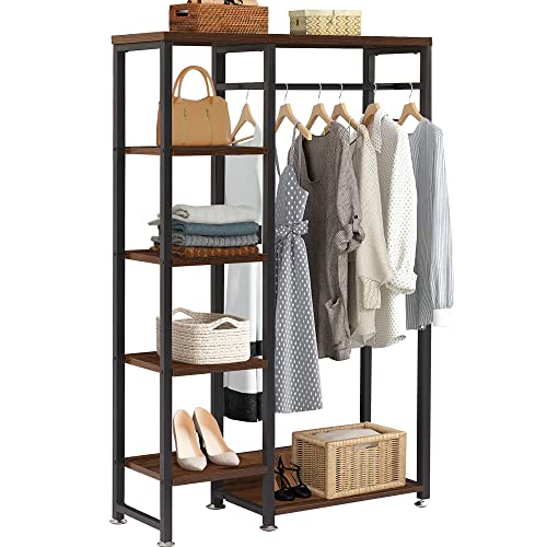 VECELO Open Garment Clothing Rack, Free-Standing Heavy Duty Storage Closet with 5 Shelves and Hanging Rod for Small Spaces, Max Load 350LBS, Brown - color: Dark Brown