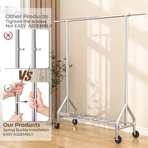 HYSEYY Heavy Duty Clothes Rack Load 450 LBS, Metal Garment Rack, Standing Rolling Clothing Rack for Hanging Clothes with Sturdy Wheels & Shelves, Portable Closet Wardrobe Rack,Sliver - color: Sliver
