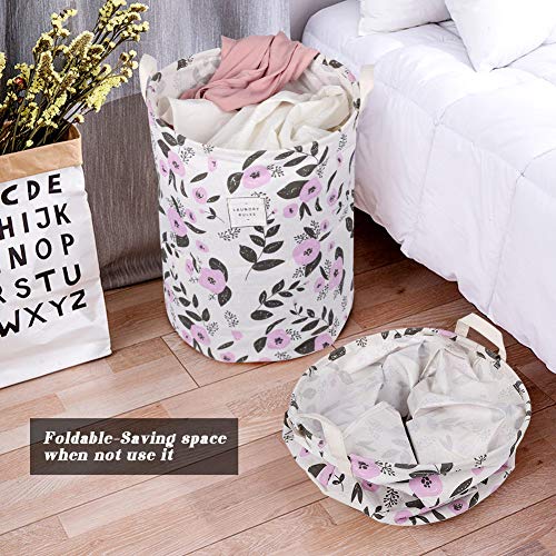 UUJOLY Collapsible Laundry Basket, Laundry Hamper with Handles Waterproof Round Cotton Linen Laundry Hamper Printing Household Organizer Basket, 19.7x15.7 inches, Purple