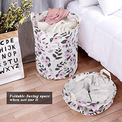 UUJOLY Collapsible Laundry Basket, Laundry Hamper with Handles Waterproof Round Cotton Linen Laundry Hamper Printing Household Organizer Basket, 19.7x15.7 inches, Purple