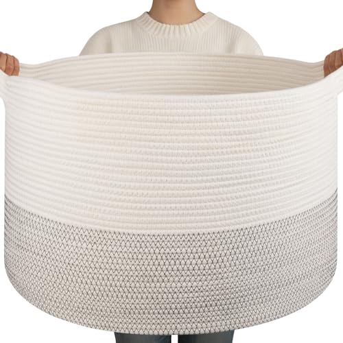 OIAHOMY 90L XXXLarge Blanket Basket for Living Room, 21.7" x 13.8" Woven Cotton Rope Laundry Basket for Organizing Pillows, Decorative Stuffed Animal Toy Storage for Nursery, Black and White - color: Black and White, size: 21.7"D x 13.8"H