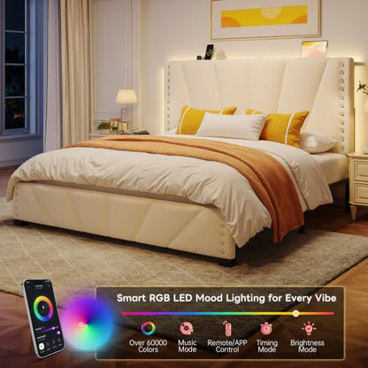 EnHomee Queen Bed Frame with LED Lights & USB, Noise-Free, Beige | Adjustable Velvet Headboard,Under-Bed Space, Heavy Duty Support with 12 Slats, No Box Spring Needed, Easy Assembly - color: Beige, size: Queen (U.S. Standard)