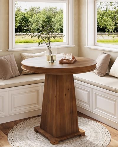 LITTLE TREE Solid Wood Round Dining Table, 31.5" Small Kitchen Table for 2, Modern Farmhouse Dinner Table for Dining Room, Kitchen, Living Room, Artistic Geometric Base, Table Only (Rustic Brown) - color: Rustic Brown