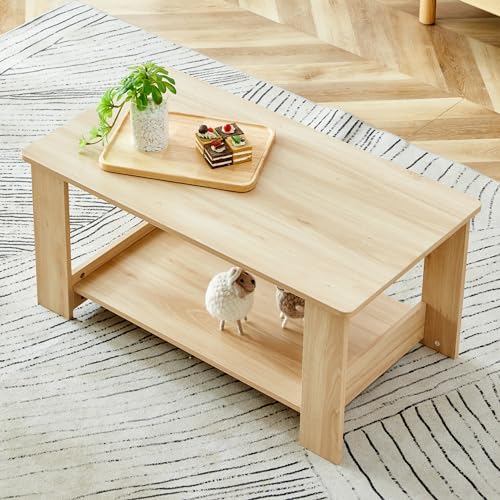 Modern White Coffee Table, Minimalist Rectangle Living Room Table,Wood and Metal Cocktail Coffee Table for Home Bedroom Office (Natural Wood, 35.4"*19.6"*16.5") - color: Natural Wood, size: 35.4"*19.6"*16.5"