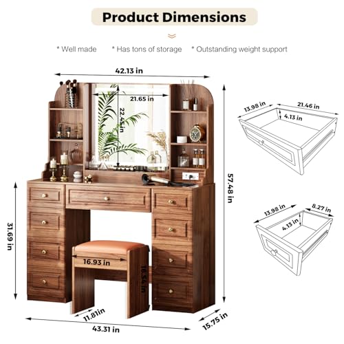 Arulvmrn 43" Makeup Vanity Desk with Mirror and Lights, & Power Outl, Glass Top Big Vanity Table with 9 Drawers& 8 Storage Shelves, Dressing Table Set with Chair for Bedroom, Walnut - color: Walnut