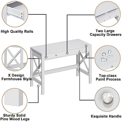 ChooChoo 40 Inches Farmhouse Computer Desk with 2 Drawers | Wooden Writing Desk, Study Desk for Home Office, Makeup Vanity, White - color: White, size: 40inch without Power Outlet
