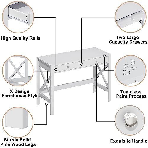 ChooChoo 40 Inches Farmhouse Computer Desk with 2 Drawers | Wooden Writing Desk, Study Desk for Home Office, Makeup Vanity, White - color: White, size: 40inch without Power Outlet