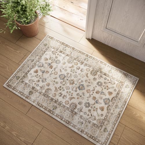 Machine Washable Small Rugs for Kitchen: Door Mat Indoor Entrance 2x3 Entryway Rug Stain Resistant Non-Slip Low Pile Soft Throw Carpet for Front Door Indoor Entrance Entry Bedroom Nursey - color: Beige White, size: 2' x 3' (Rectangular)