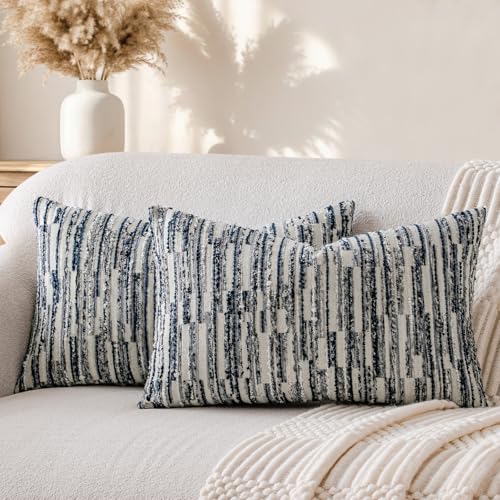 a moment Boho Striped Decorative Throw Pillow Covers 20"X12"Set of 2,Blue | Rustic Farmhouse Pillow Cases,Aesthetic Modern Home decor,Couch Cushion Covers,For Bed Sofa Living Room - color: Blue, size: 20" x 12" (Pack of 2)