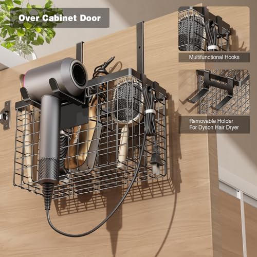 Voldra Hair Dryer Holder Cabinet Door, Adhesive Hair Tool Organizer Wall Mount Adjustable Height Blow Dryer Holder Under Sink/Countertop for Flat Curling Iron, Hair Brush and Straightener (1, Black) - color: Black