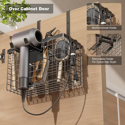 Voldra Hair Dryer Holder Cabinet Door, Adhesive Hair Tool Organizer Wall Mount Adjustable Height Blow Dryer Holder Under Sink/Countertop for Flat Curling Iron, Hair Brush and Straightener (1, Black) - color: Black