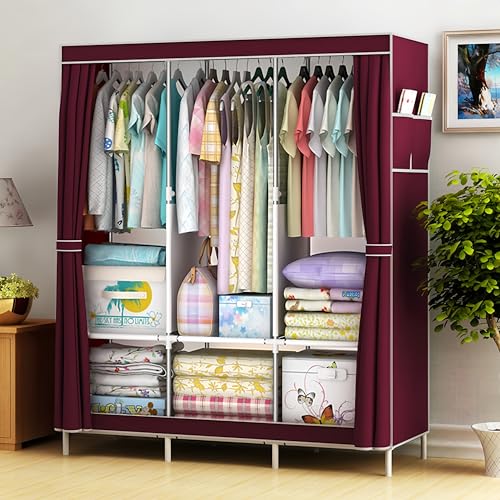 Portable Wardrobe Closet, 51"x17"x67" with 3 Hanging Rods and 6 Storage Shelves, Non-Woven Fabric, Stable and Easy Assembly Portable Closets for Hanging Clothes with Side Pockets (Red) - color: Red