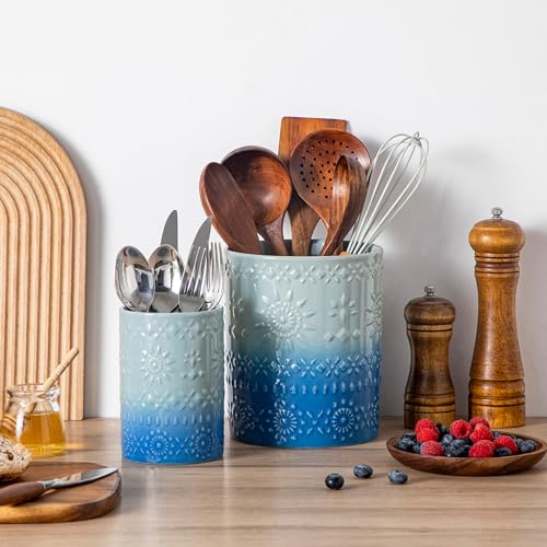 LOVECASA 7.2"+5.4" Ceramic Utensil Holder Set of 2, Coastal Crock | Easy to Clean, Heavy-Duty, Anti-Slip Base, For Spatulas, Ladles, Whisks, and Flatware, Coastal Decor, Also as Vase or Planter - color: Oceans, size: 7.2"+5.4" (Set of 2)