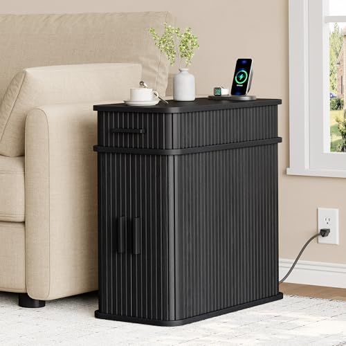 Fluted End Table with Charging Station, Narrow Side Table with Drawers, Skinny Nightstand with Storage, Mid-Century Modern Bedside Tables for Small Space Living Room Sofa Couch, Patent Pending - color: Black