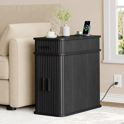Fluted End Table with Charging Station, Narrow Side Table with Drawers, Skinny Nightstand with Storage, Mid-Century Modern Bedside Tables for Small Space Living Room Sofa Couch, Patent Pending - color: Black