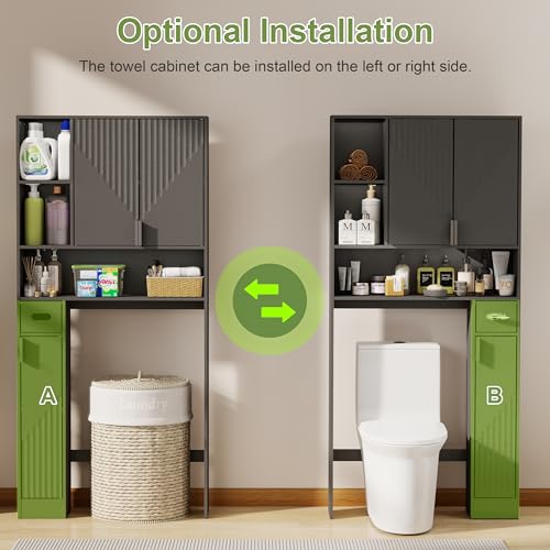 GOODONE Black Over The Toilet Storage Cabinet - with 3 Doors and Toilet Paper Holder Stand, FreeStanding, for Bathroom, Restroom, Laundry - color: Black