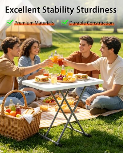 Folding Table 30 Inch, Heavy Duty Adjustable Height TV Tray Portable Plastic Small Foldable Table Indoor Outdoor for Laptop, Camping, Picnic and Dining, White