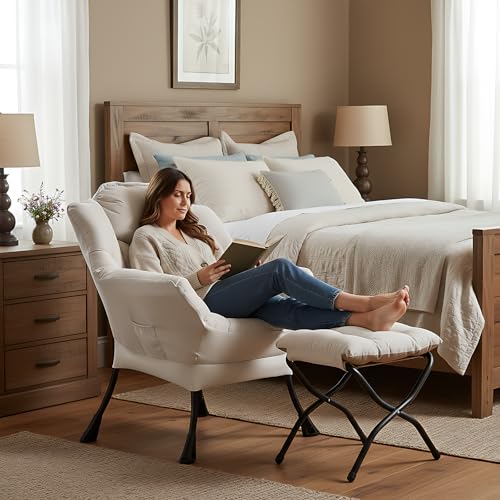 Welnow Lazy Chair with Ottoman, Reading Chair with Footrest, Beige | A Side Pocket,Armrests,Foldable Footrest,Thick Cushioned Seat & Backrest, Lounge Chair for Bedroom,Living Room & Small Space - color: Beige