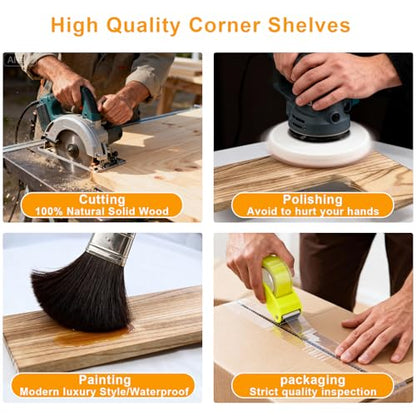 5 Pcs Corner Floating Shelves Set,Wood Wall Mount Corner Shelf | for Wall Room Kitchen Bedroom Bathroom,L-Shaped Wood Shelves Storage Display for Home Decor(Lightly Burnt Brown)