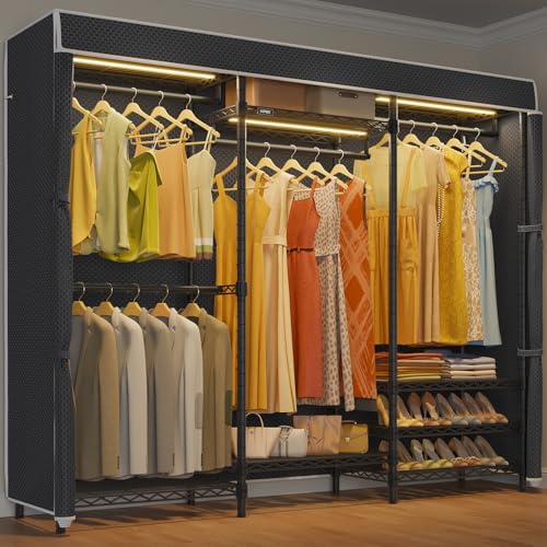 VIPEK V5LC Garment Rack Heavy Duty Covered with Dimmable LED Light 3000K Warm White, Portable Closet Wardrobe Freestanding for Hanging Clothes, Black with Cover - color: Black Rack With Black Cover, style: V5LC
