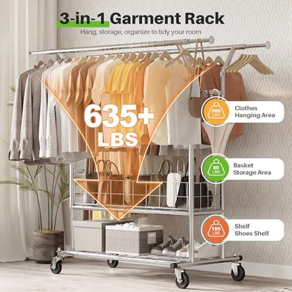 HOKEEPER Heavy Duty Clothes Rack Load 635 LBS, Double Rod with Metal Basket | Adjustable Clothing Rack, Rolling Garment Rack with Wheels for Bedroom, Living Room, Large Storage Space, 21.6"Dx71"Wx68"H - color: Silver