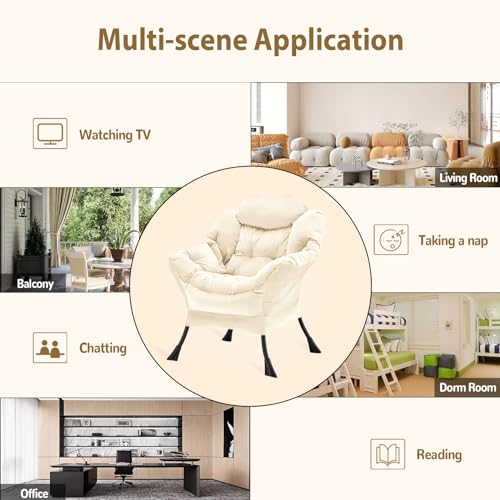 Youtanic Lazy Chair Thick Padded, Comfy Velvet Accent Lounge Chair with Stable Frame, Leisure Sofa Armchair with Armrests and Side Pocket, Reading Chair for Bedroom, Living Room, Office, Beige - color: Beige Without Stool