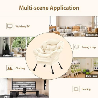 Youtanic Lazy Chair Thick Padded, Comfy Velvet Accent Lounge Chair with Stable Frame, Leisure Sofa Armchair with Armrests and Side Pocket, Reading Chair for Bedroom, Living Room, Office, Beige - color: Beige Without Stool