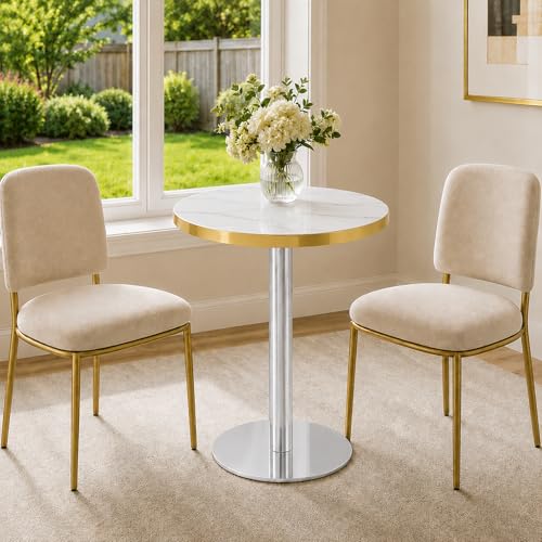 TesNus 23.6" Small Round Dining Table for 2, Circle Tulip Table, Faux Marble Top with Silver Metal Pedestal Base, Modern Leisure Coffee Table for Small Spaces, Cafe, Office, White&Silver - color: White Top&silver Base