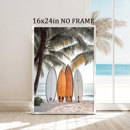 Surfboard Ocean Art Neutral Coastal Pictures Ocean Beach Scene Picture Palm Tree Artwork Coastal Boho Prints Summer Landscape Canvas Surf Beach Prints Seaside Paintings for Home Room 16x24in Frameless - color: B1Unframed