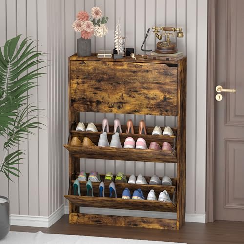 Narrow Shoe Cabinet for Entryway, Slim Shoe Storage Cabinet with 3 Flip Drawers, Hidden Wood Shoe Cabinet Storage, Freestanding Shoe Rack Organizer Foyer, Hallway, Brown - color: Brown, style: Hidden 3 Drawers