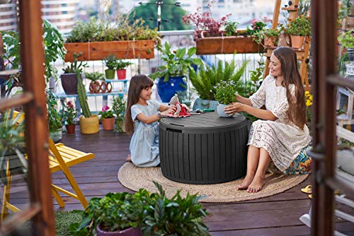 Keter Circa 37 Gallon Wood Panel Style Round Outdoor Deck Box and Storage Table, Grey - color: Grey