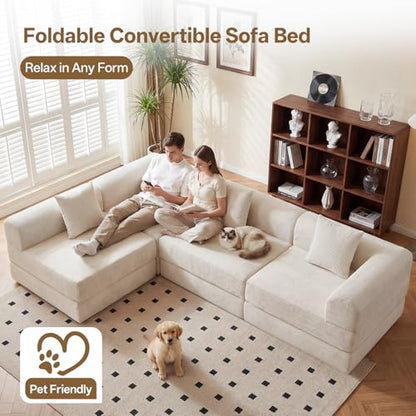 112" L Shaped Modular Sectional Sofa with Ottoman, Cloud Boneless Couch Deep Seat with 4 Pillows, Oversized Folding Sofa Bed Couches for Living Room Bedroom,No Assembly-White - color: Cream, size: 4 Seat